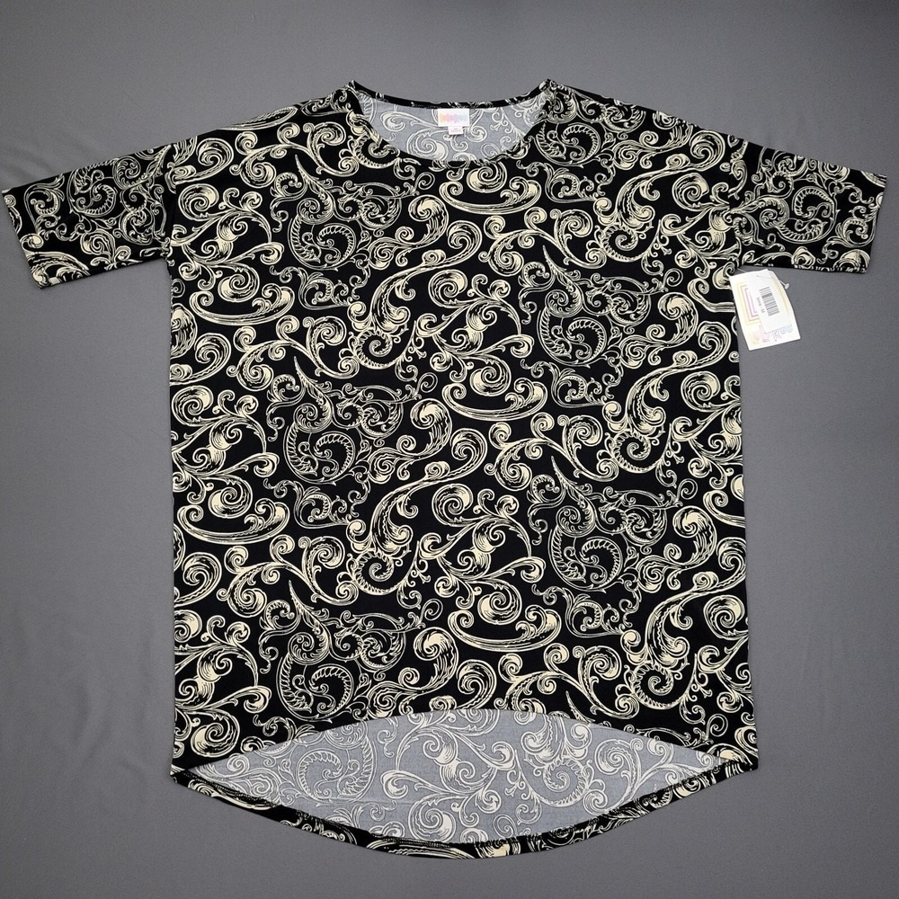 LuLaRoe Irma Tunic Top Womens Medium Black Cream Filigree Scroll High Low NWT